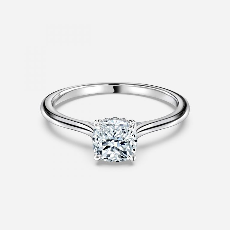 hidden halo cushion cut diamond engagement ring