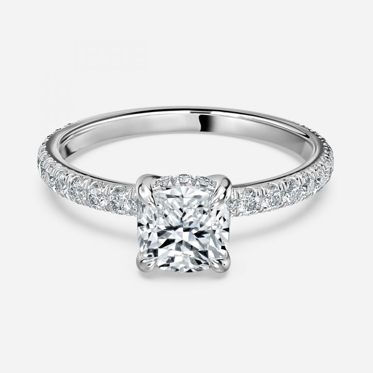 hidden halo cushion cut engagement rings