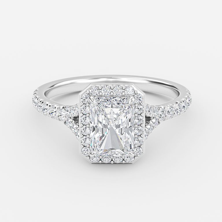 radiant cut with halo engagement rings