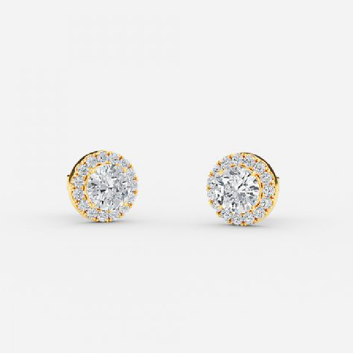 yellow gold round diamond stud earring 14K