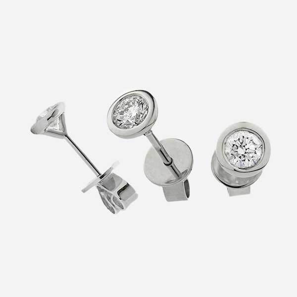 bezel set solitaire diamond stud earrings white gold