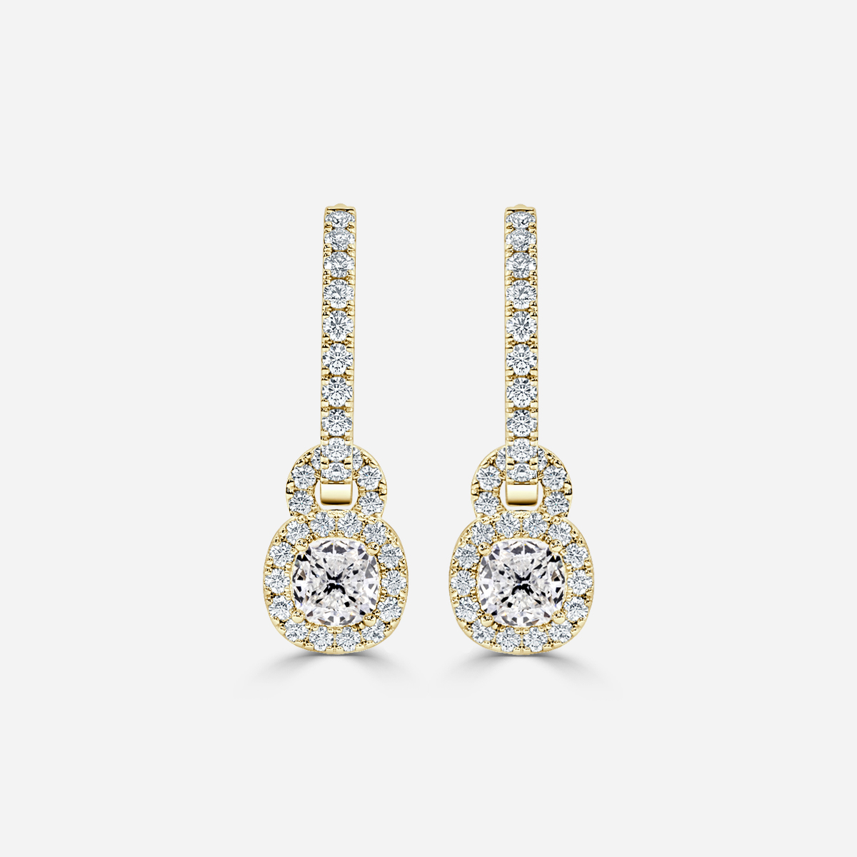hoop and drop Cushion diamond earrings yellow gold