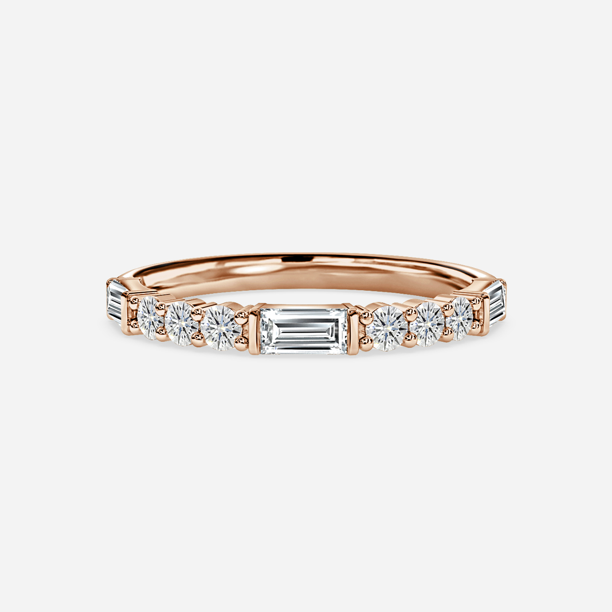 round and baguette diamond cut half eternity ring in rose gold