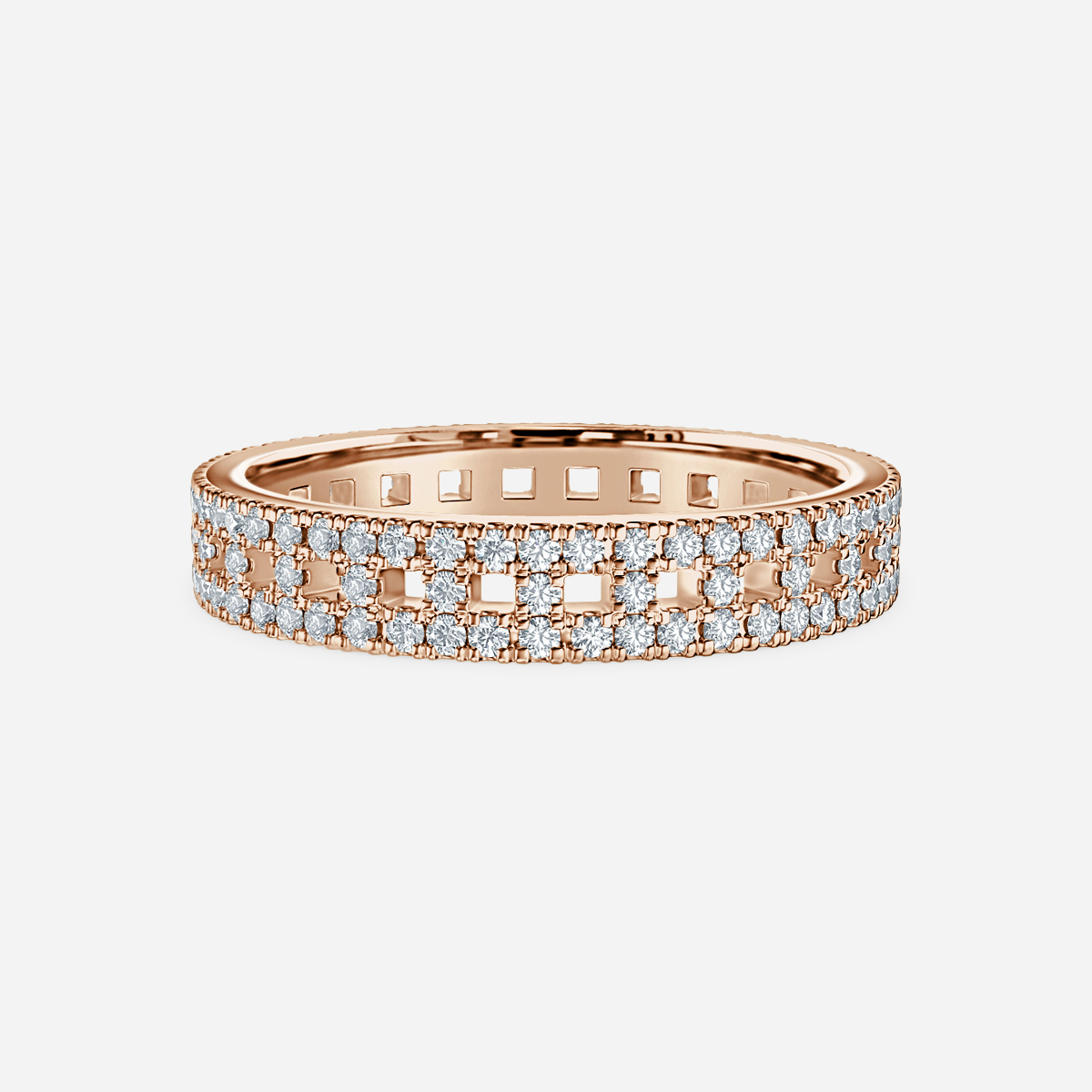 three row pave wedding ring in rose gold